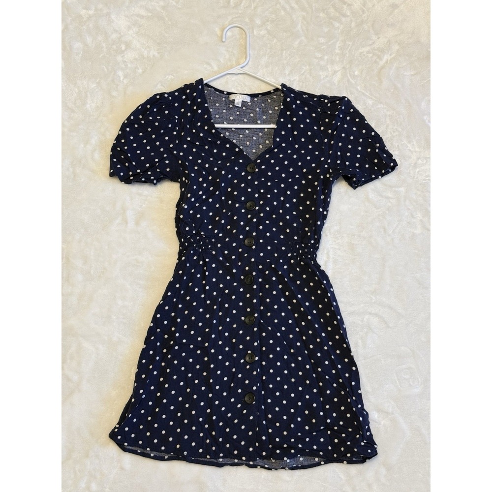 Abound Navy Blue Polka Dot Button Front Mini Dress Small V-Neck Short Sleeve